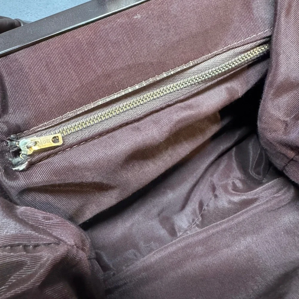 Vintage Mid Century Kiss Lock Satchel Handbag Brown Faux Leather Retro Large